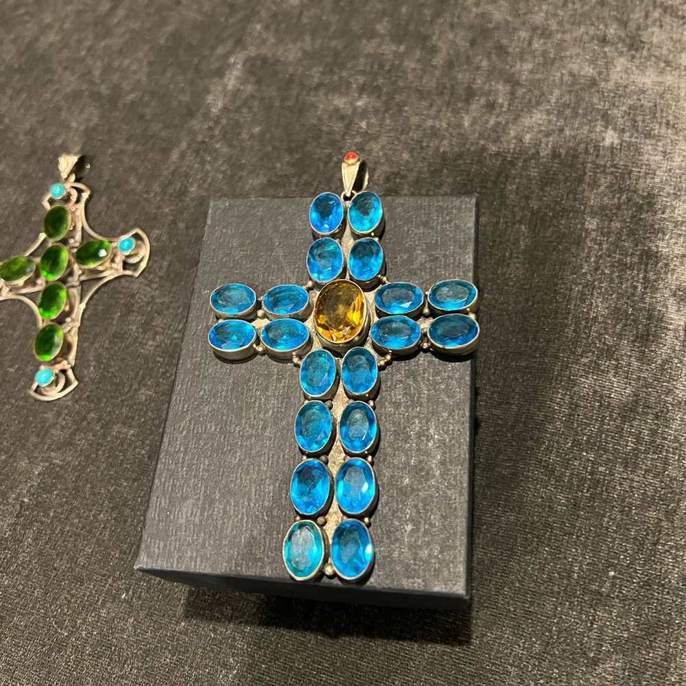 Elegant Blue and Yellow Cross Pendant Silver. Unique Texas Hill Country Jewelry